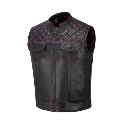 Diamond stitch accents on pink leather biker vest