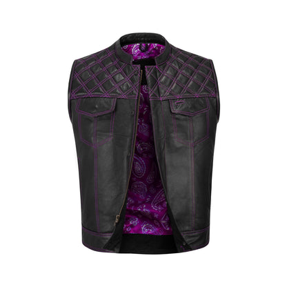 Purple diamond stitched cowhide MC club vest front view