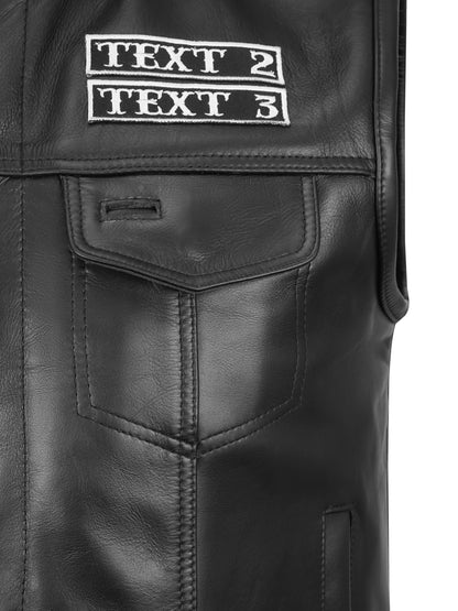 chest pocket and custom text patch detail on black leather club vest