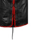 Close-up texture of ribbed buffalo leather motorcycle vest in red finish. This custom biker vest features side lace adjustment, satin lining, hook closure, and concealed carry pocket. Designed for motorcycle club members, hunters, and riders seeking customizable high-quality leather vests for identity and durability.
