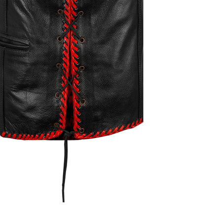 bottom hem and side braided trim detail of red buffalo leather vest