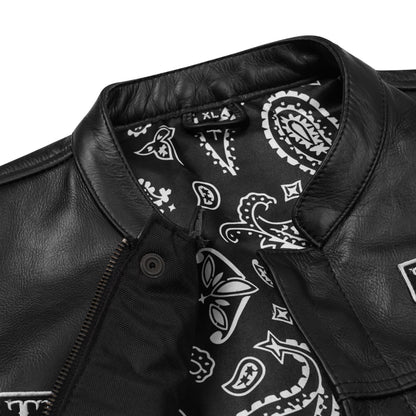 front collar and closure construction detail of custom leather club vest