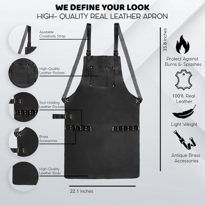 Features infographic for multipurpose leather apron with tool loops and pockets