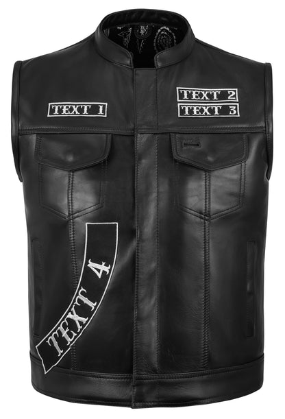 Black leather vest with club logo embroidery