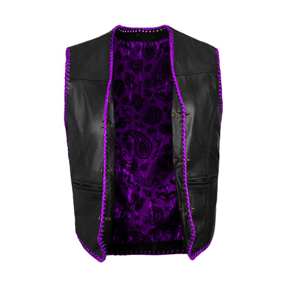 Ribbed panel detail on purple leather biker vest