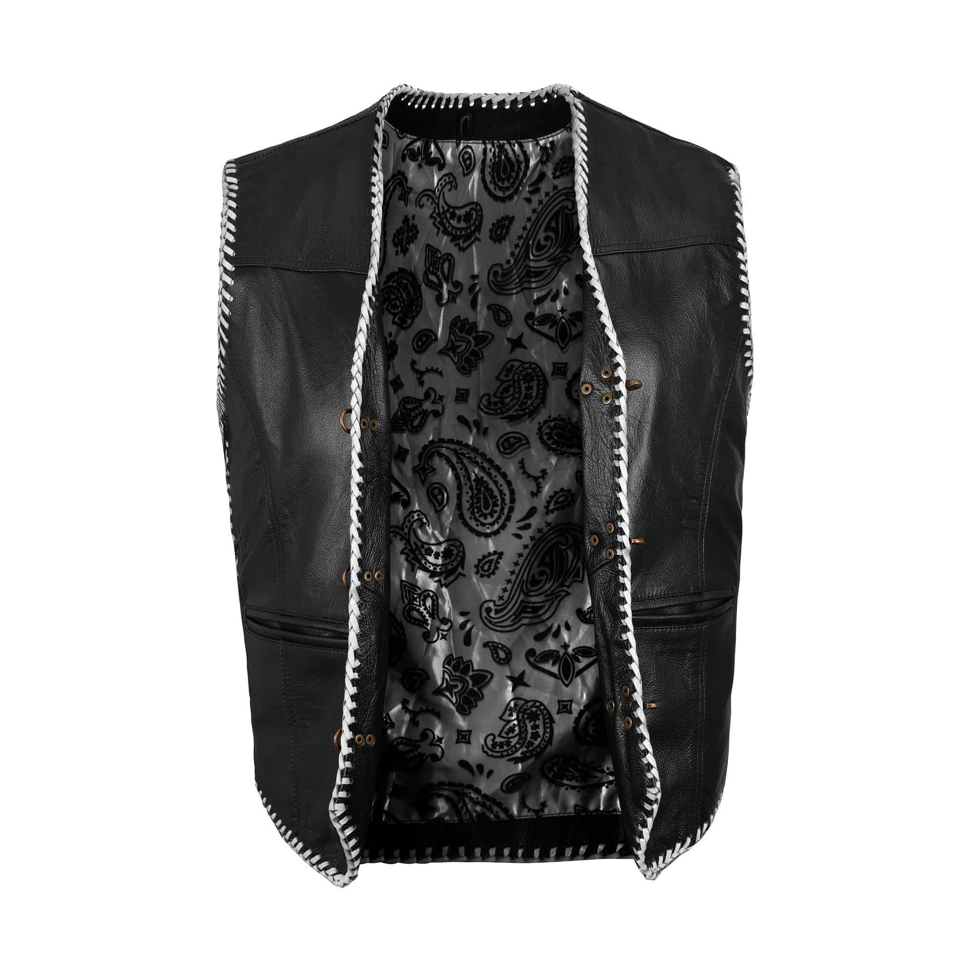 Custom white biker vest made from A+ grade genuine cowhide leather, featuring side lace closure and brass button front. This handmade leather motorcycle vest is designed for MC club members, motorcycle riders, and fashion-forward bikers seeking a rugged yet stylish leather vest for riding, rallies, and long-lasting performance on the road.