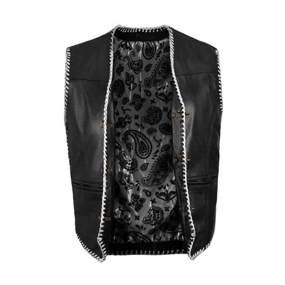 White biker vest snap button closure detail