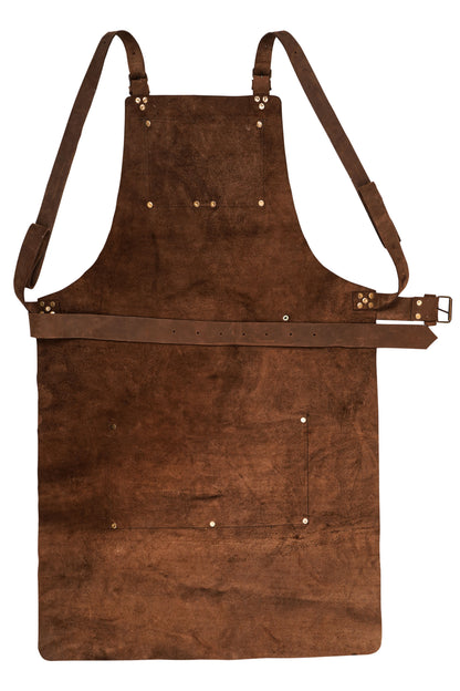 Back view of custom leather BBQ apron with waist strap.