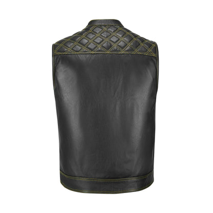 Diamond stitching pattern on yellow cowhide vest chest panel