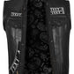 Detail view of custom embroidered black leather vest with heavy-duty zipper and snap button closure. Features multiple pockets including two inner storage compartments with optional concealed carry design. Perfect for biker clubs, motorcycle riders, and customized leather club apparel.