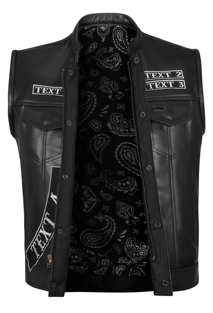 Embroidery detail on black leather biker vest
