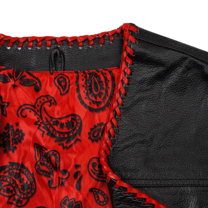 collar detail and red paisley satin lining of customizable leather MC vest