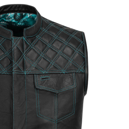 Turquoise leather biker vest stitching close-up