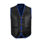 Detailed image of Buffalo Leather Blue Ribbed Motorcycle Vest featuring multiple pockets for storage, optional concealed carry compartment, hook closure system, and side lace adjustability. Designed for motorcycle riders and club members who demand function, security, and personalized customization with logos or embroidered patches.