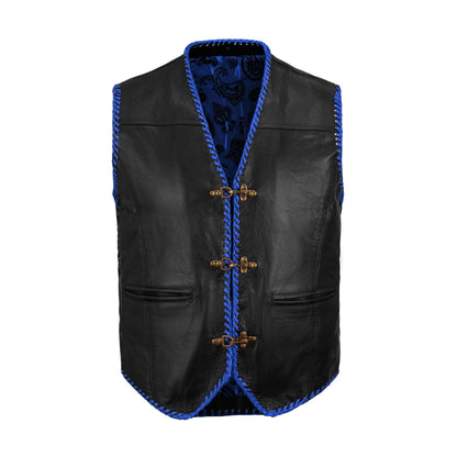 Hook closure detail on blue buffalo leather vest