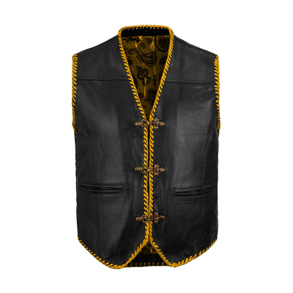 Hook closure detail on gold buffalo leather vest