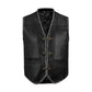 Detailed shot of Buffalo Leather Grey Ribbed Motorcycle Vest featuring waist storage pockets, concealed carry option, hook closure, and side lace adjustment. Designed for MC club riders and bikers seeking rugged leather motorcycle vests with function, customization, and bold ribbed styling.