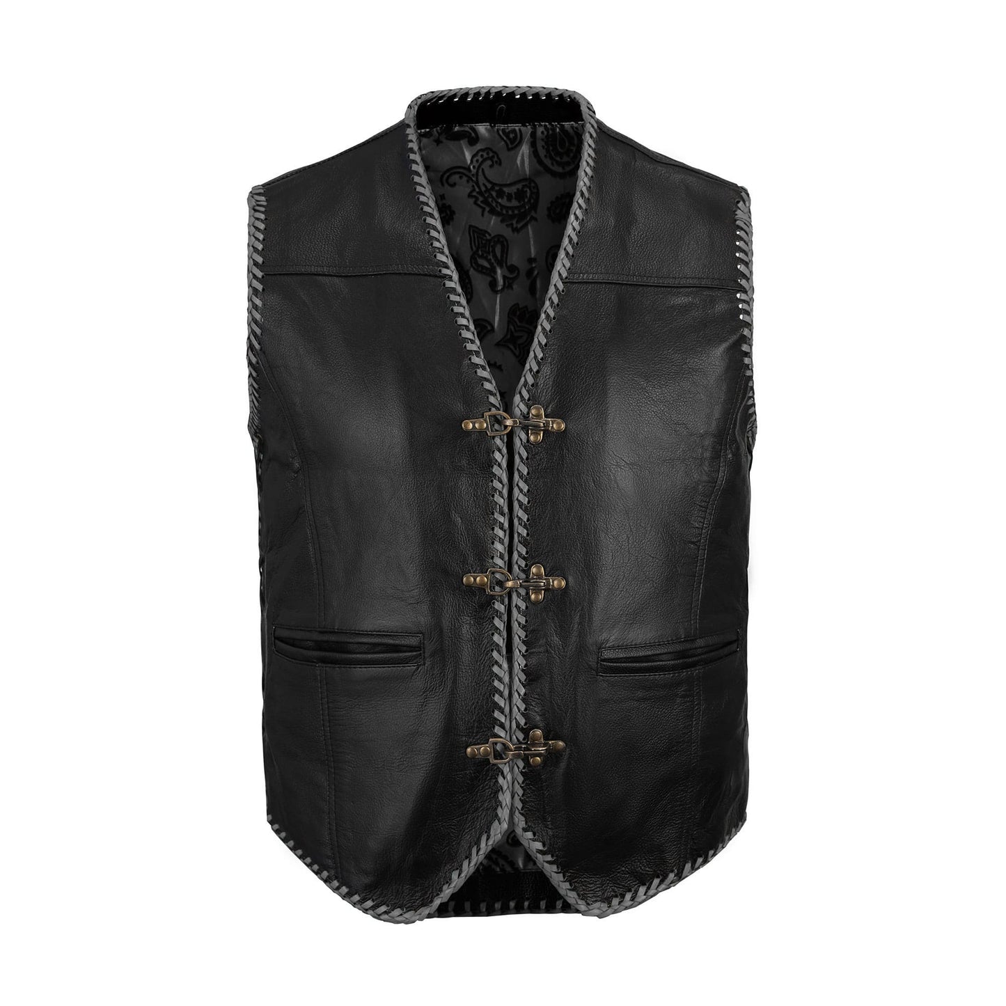 Detailed shot of Buffalo Leather Grey Ribbed Motorcycle Vest featuring waist storage pockets, concealed carry option, hook closure, and side lace adjustment. Designed for MC club riders and bikers seeking rugged leather motorcycle vests with function, customization, and bold ribbed styling.