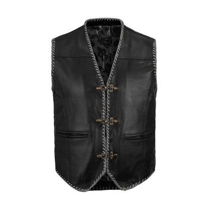 Hook closure on grey buffalo leather vest