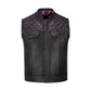 Detailed view of a Pink Diamond Stitched MC Club Vest crafted from A+ grade cowhide leather. This biker vest features bold pink stitching, YKK brass zipper closure, satin printed lining, dual pockets, and optional concealed carry compartments. Designed for motorcycle club members, rebels, and riders, this vest highlights rugged biker fashion while offering customization for patches, colors, and sizing.