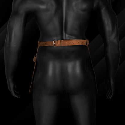 Secure buckle waist straps on custom leather half apron.