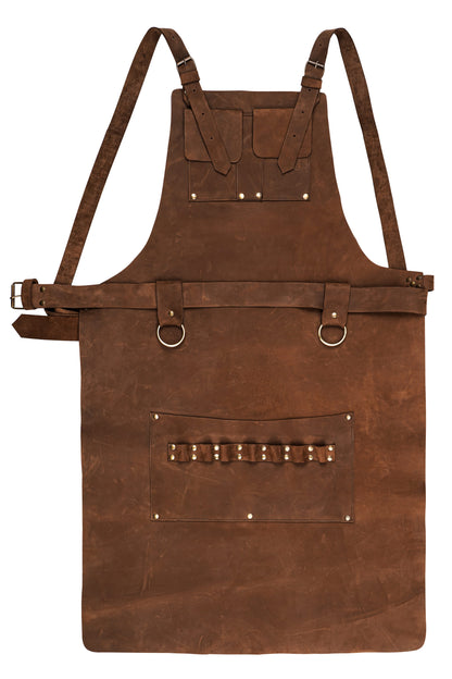 Personalized leather apron with custom name engraving.