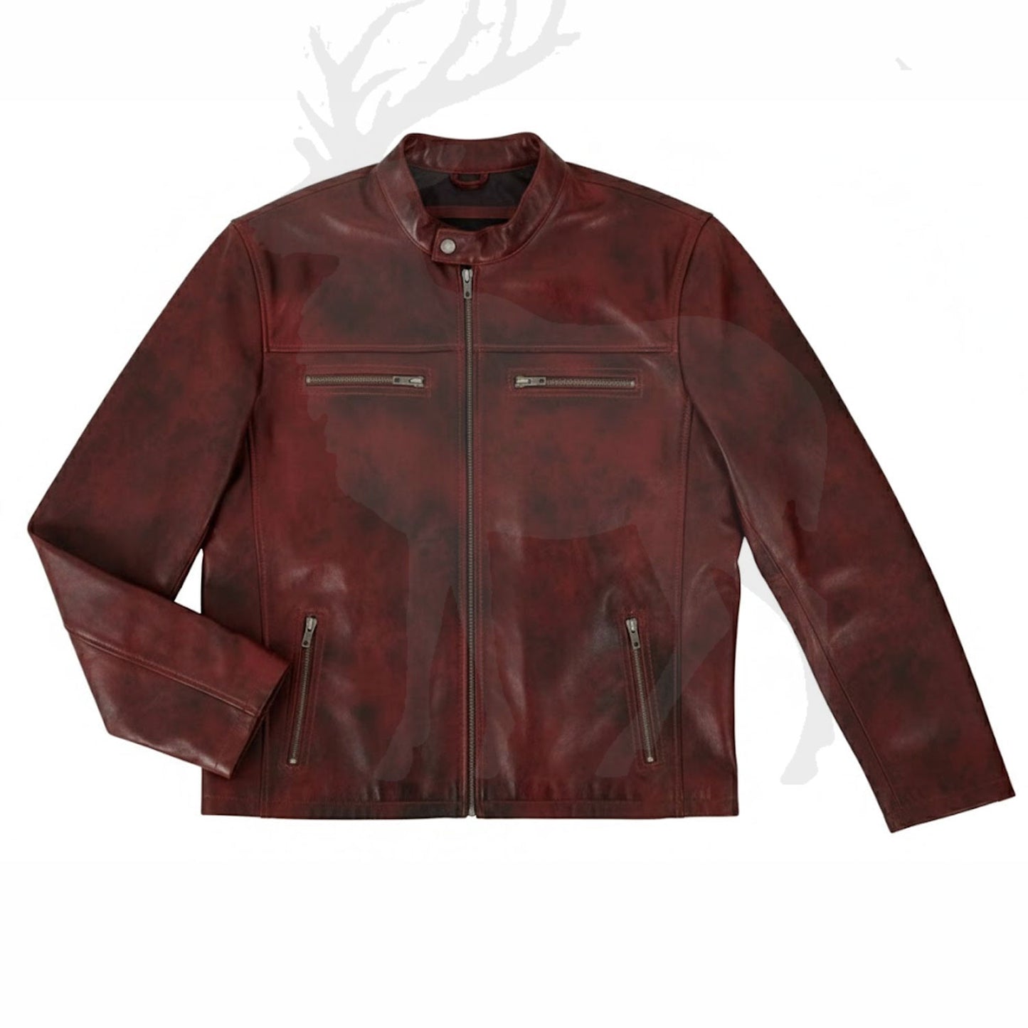 Men’s brown distressed leather jacket front view vintage cafe racer biker style slim fit genuine leather