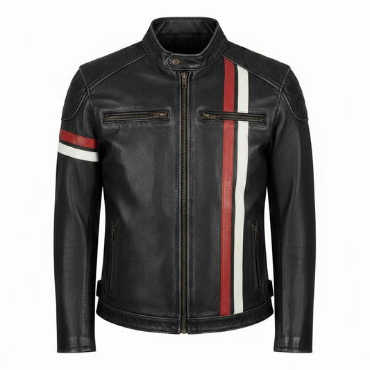 Men’s black genuine leather cafe racer biker jacket with red and white racing stripes front view 