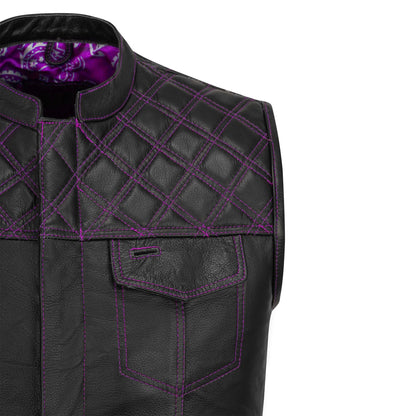 top shoulder and chest pocket detail with purple diamond stitching on leather vest