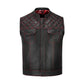 Front angle of a Red Diamond Stitched MC Club Vest made from genuine cowhide leather. The vest showcases red diamond stitch accents, a premium satin lining, and secure brass zipper closure. Customizable with biker patches and available in multiple sizes, this vest is designed for motorcycle enthusiasts, club members, and road warriors seeking a rugged yet stylish piece of biker apparel.