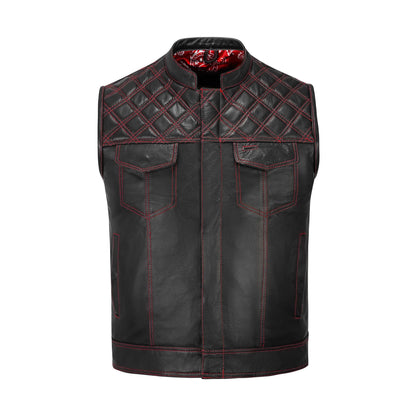Diamond stitching pattern on red cowhide vest