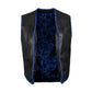 Front view of Buffalo Leather Blue Ribbed Motorcycle Club Vest with ribbed detailing, premium A+ buffalo leather craftsmanship, hook closure system, side lace adjustability, and waist pockets. Custom embroidery option available for biker clubs, perfect vest for motorcycle riding, MC gatherings, club events, and unique biker fashion style for men and women riders.