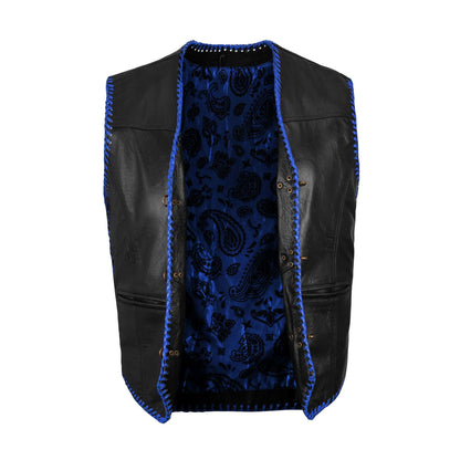 Ribbed panel detail on blue leather biker vest