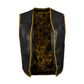 Front view of Buffalo Leather Golden Ribbed Motorcycle Club Vest showcasing premium buffalo leather craftsmanship, ribbed detailing in gold, satin lining, hook closure, and waist pockets. Perfect for riders and motorcycle club members looking for customizable biker vests with durability, storage, and personalized embroidery options.