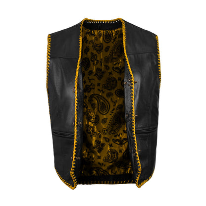 Golden ribbed panel detail on leather biker vest