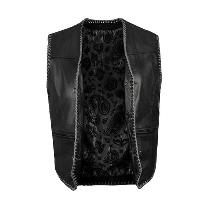 Ribbed panel detail on grey leather biker vest