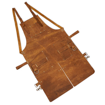 Full flat view of durable leather apron for woodworking and welding.