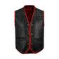 Front view of handcrafted buffalo leather red biker vest featuring bold ribbed detailing, adjustable side laces, and durable snap button closure. Designed for motorcycle club members and riders, this custom MC vest offers a rugged yet stylish look with premium buffalo hide for long-lasting wear on the road.