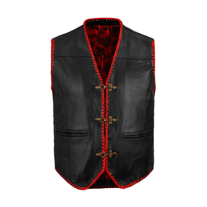 Adjustable lace closure on red buffalo leather vest