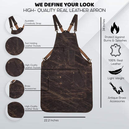 Durable brass hardware and buckles on handcrafted black leather apron
