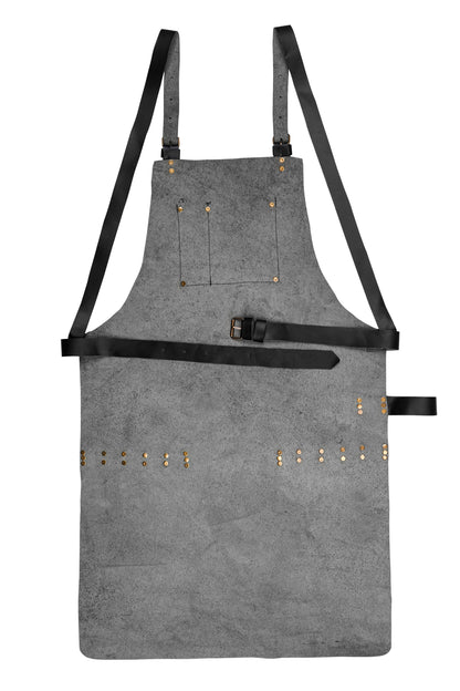 Back view of adjustable leather work apron with custom fit straps