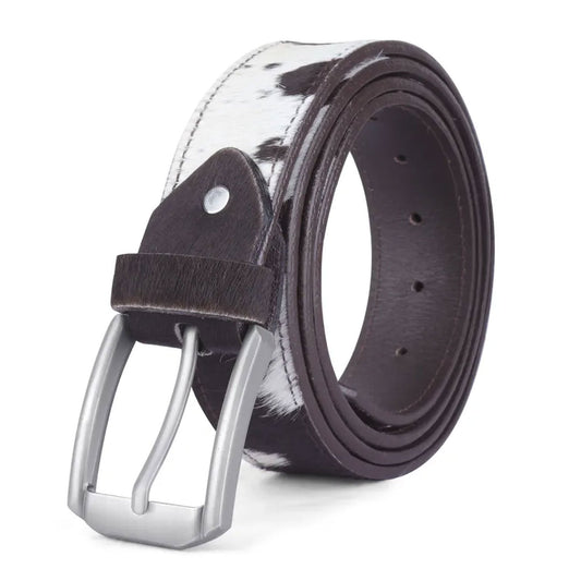 Hair-on cowhide leather belt displayed in premium gift packaging, ideal for presenting as a luxury Western-themed gift for him or her on special occasions.

