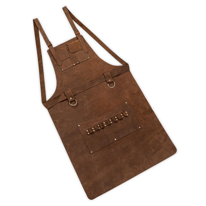 Full-length handcrafted leather apron for grilling.