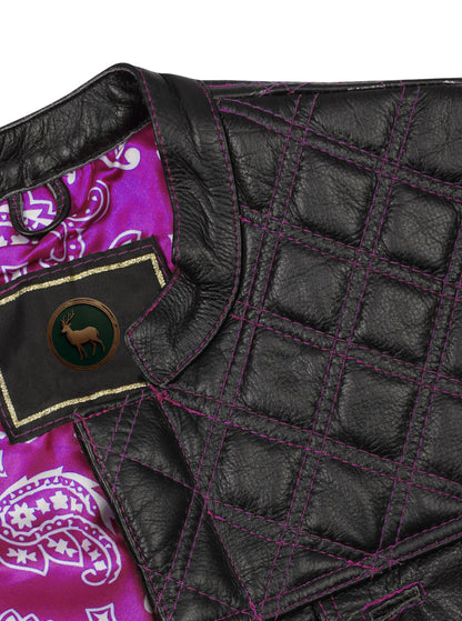 collar detail and inner pink paisley satin lining of leather MC vest