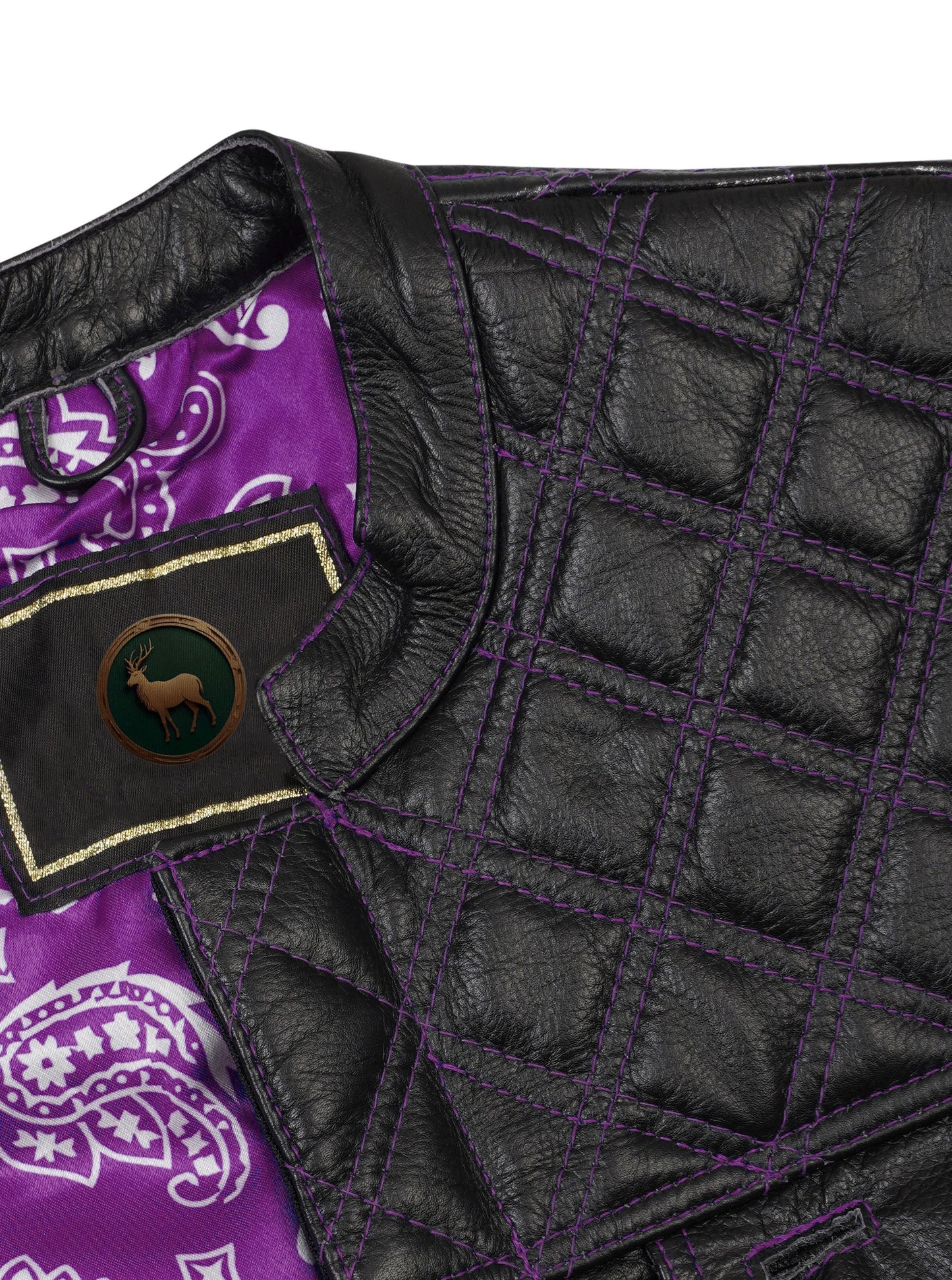Handcrafted leather Purple Diamond Stitched MC Club Vest displayed with visible purple stitching details. Built for durability using premium cowhide leather, it features a zipper closure, functional chest pockets, and satin lining for comfort. This customizable biker vest is perfect for motorcycle clubs, rebels, and riders looking for a standout fashion statement and personalized leather motorcycle apparel.