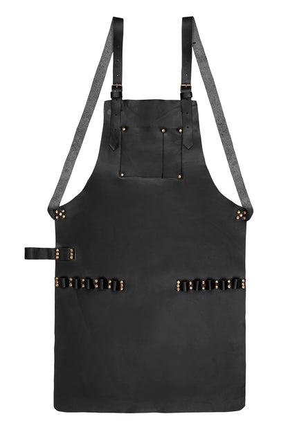 Full length black leather utility apron for barbers and chefs