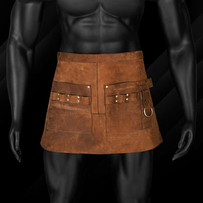 Verona brown leather waist apron for men front view.