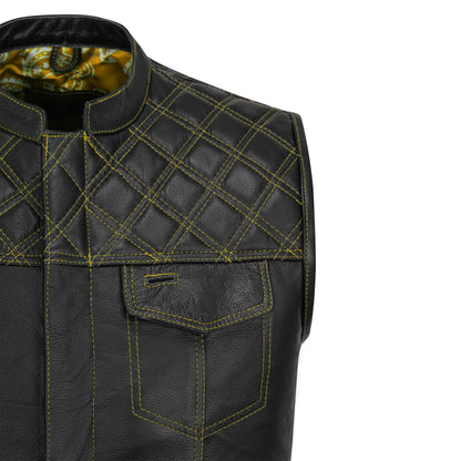 Yellow leather biker vest brass zipper closure detail