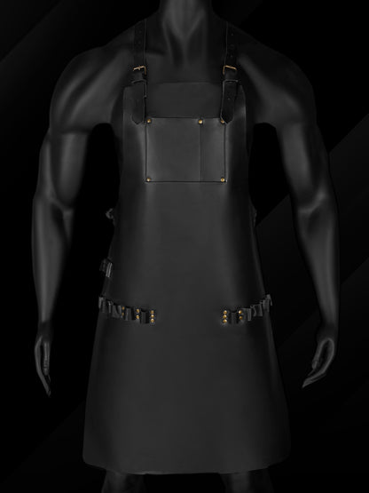 Gearforge Multipurpose Leather Apron - Front view with custom brass buckles