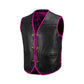 High-quality product photo of the Pink Diamond Stitched Leather MC Vest on a white background, crafted from genuine cowhide leather with bold pink diamond stitching, snap button closure, and adjustable side laces. Designed for bikers, motorcycle club members, and rebels seeking a customizable leather vest with durability and standout pink biker style.